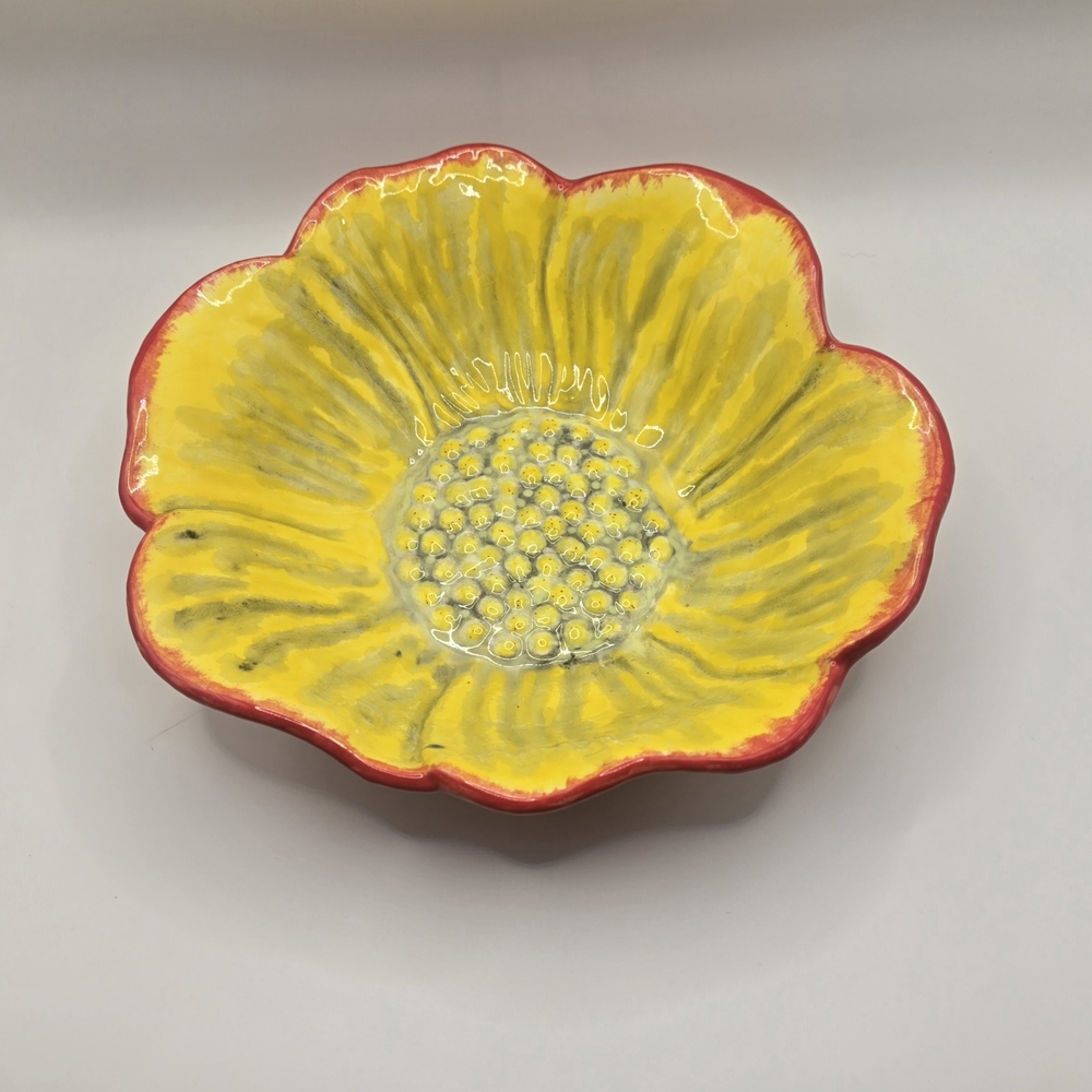 Vtg Vibrant Yellow and Red Ceramic Flower Bowl/decoration